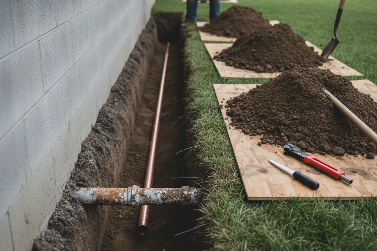 Excavated water line trench during Water Heater Repair in Johnson City